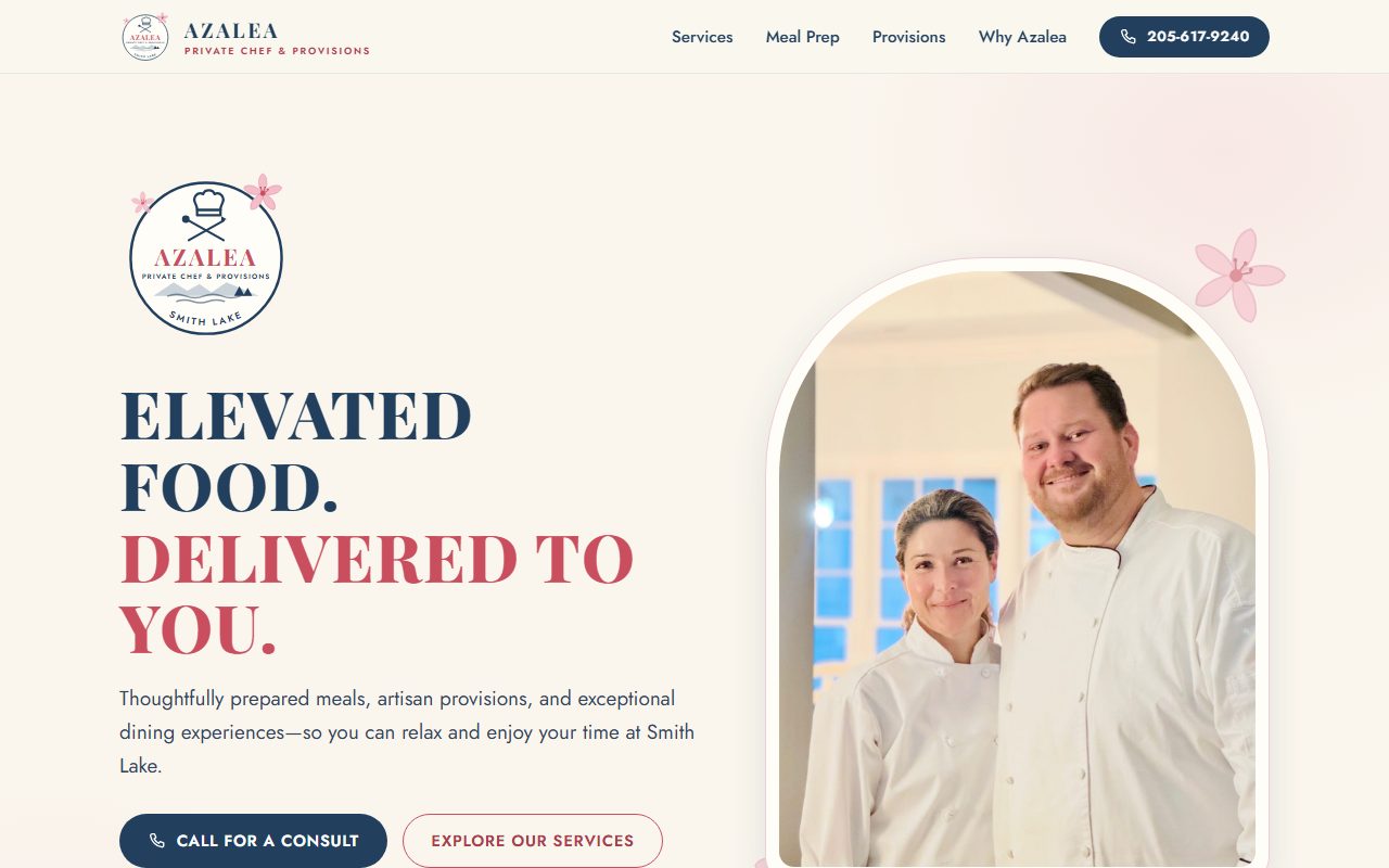 Azalea Private Chef & Provisions homepage — warm cream design with the two chefs in whites and the headline 'Elevated food. Delivered to you.'