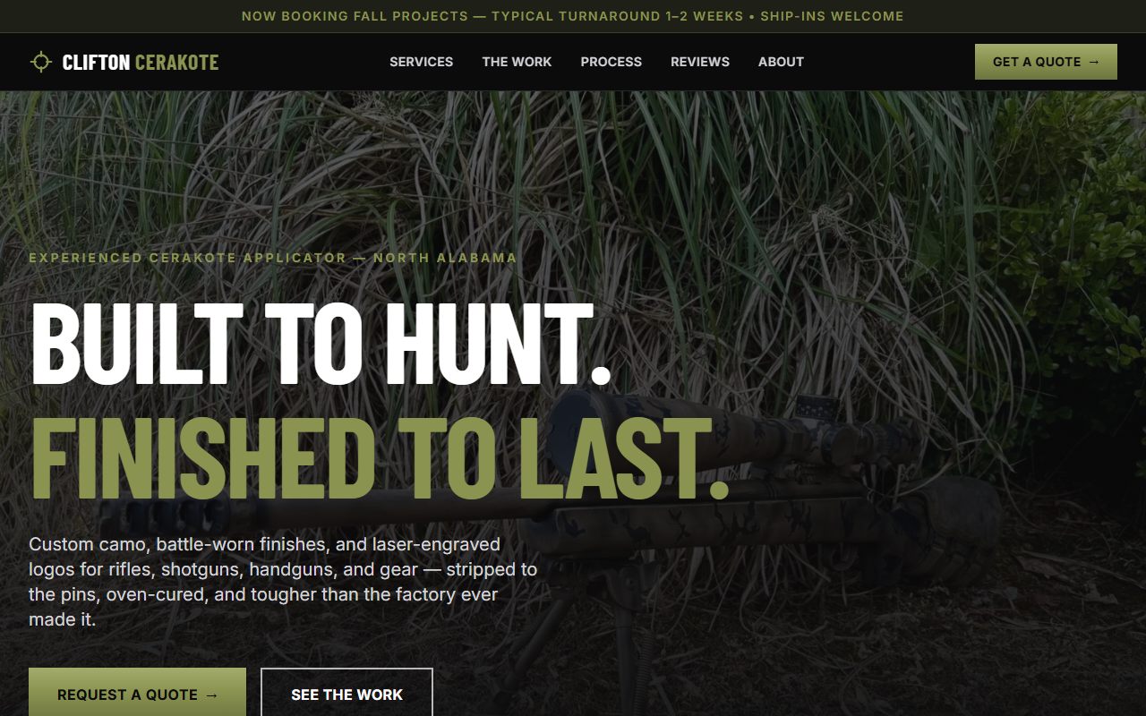 Clifton Cerakote homepage — dark hero with a camo-coated rifle and the headline 'Built to hunt. Finished to last.'