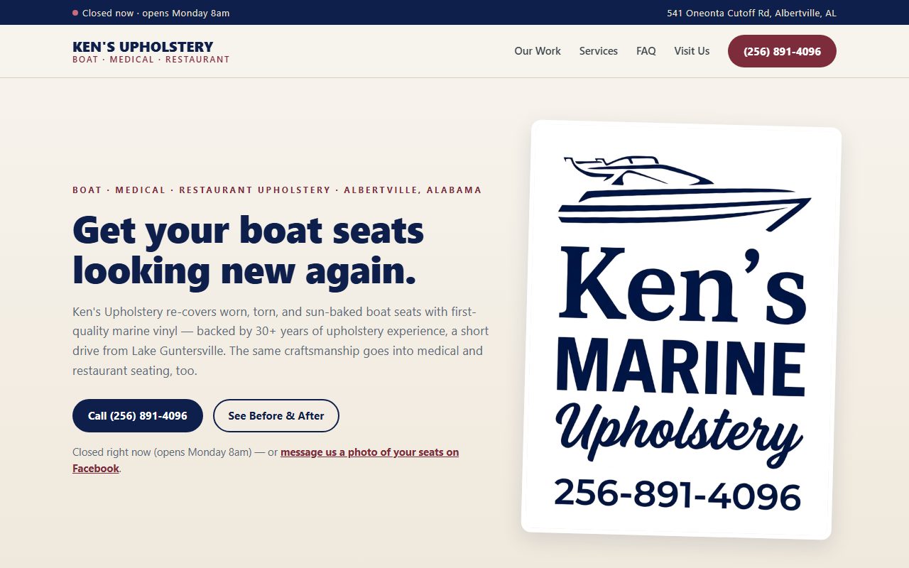 Ken's Upholstery homepage &mdash; cream and navy design with the Ken's Marine Upholstery logo and the headline 'Get your boat seats looking new again.'
